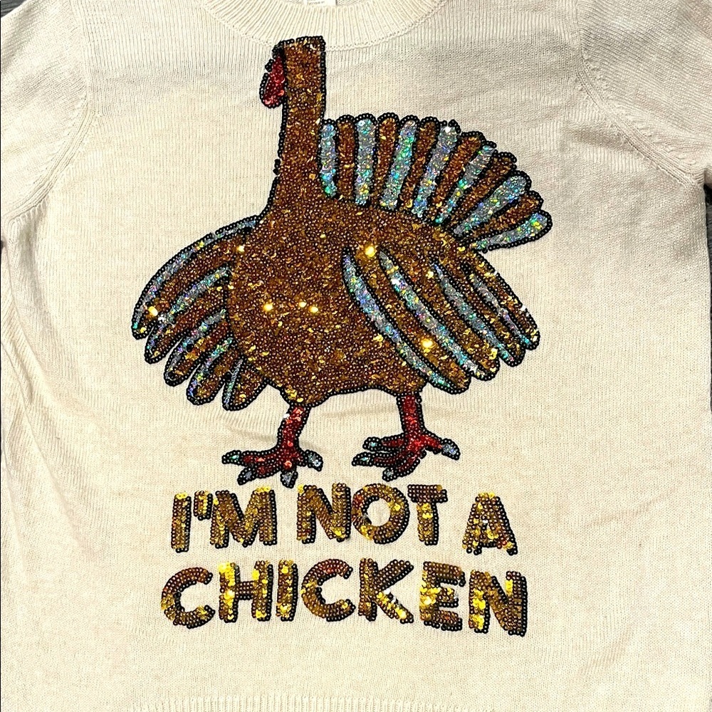 H&M Vintage cream Sweater with Sequin “I’m not a chicken” Thanksgiving sweater S - Picture 5 of 6